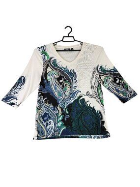 Womens Onque Casual Multicolor Paisley V-Neck Blouse 3/4 Sleeve Size XL